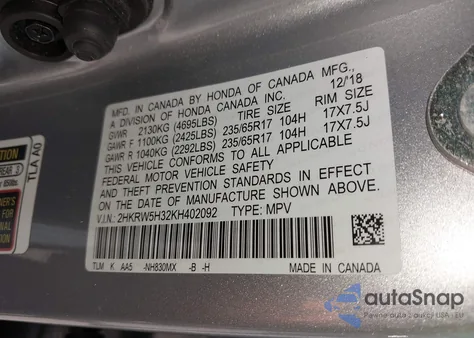 2019 Honda Cr-V Lx z USA, uszkodzony, nr VIN 2HKRW5H32KH402092